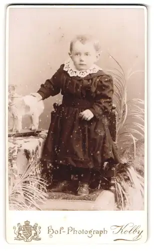 Fotografie J. F. Kolby, Plauen i /V., Portrait kleines Mädchen im Kleid mit Spieltier