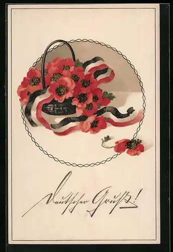 AK Blumenkorb mit Klatschmohn, Grusskarte