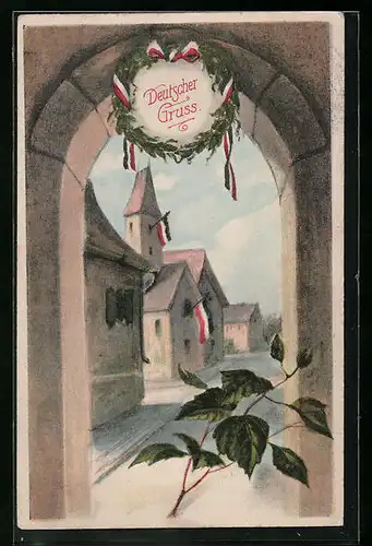 AK Torbogen mit Grusskranz