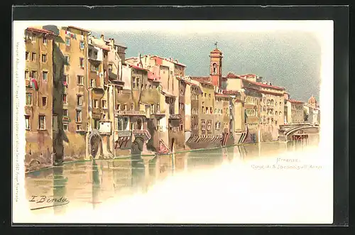 Lithographie Firenze, Case di S. Jacopo, sull`Arno