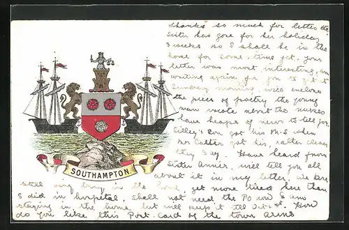 Lithographie Southhampton, Wappen mit Schiffen