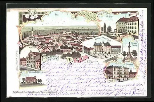 Lithographie Plan, Hotel zum schwarzen Bären, Rathaus, Sparkassa