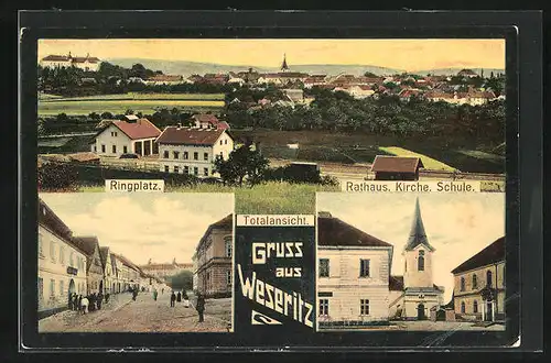 AK Weseritz, Totalansicht, Ringplatz, Rathaus mit Kirche & Schule