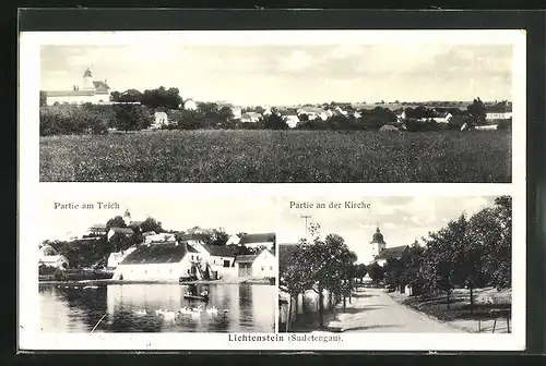 AK Lichtenstein /Sudetengau, Teilansicht, Partie am Teich, Partie an der Kirche