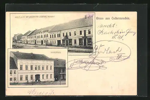AK Tschernoschin, Der im Jahre 1899 abgebrannte Stadtteil neuerbaut, Volksschule