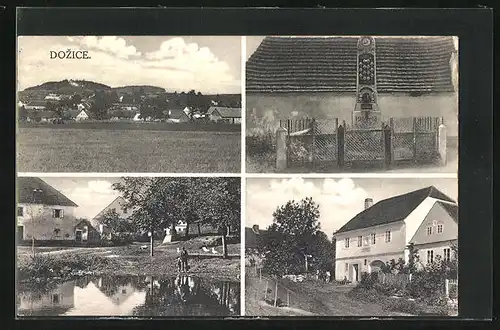 AK Dozice, Gasthaus, Denkmal, Uferpartie