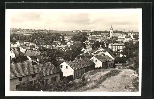 AK Tachov, Ortspartie mit Blick auf Kirche