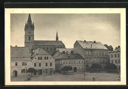 AK Tachov, Häuser am Markt und Kirche