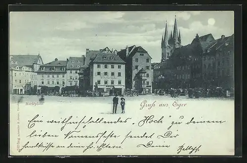 Mondschein-AK Eger, Geschäfte am Marktplatz, Wilhelm Müller