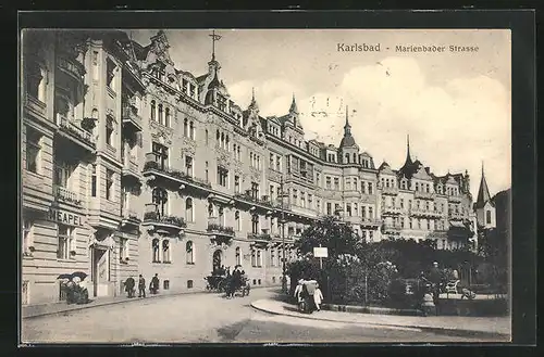 AK Karlsbad, Marienbader Strasse mit Hotel Neapel