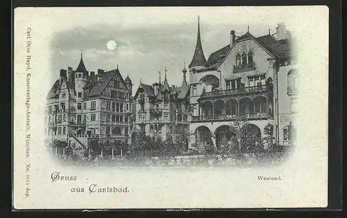 Mondschein-AK Karlsbad, Westend, Wohnhäuser