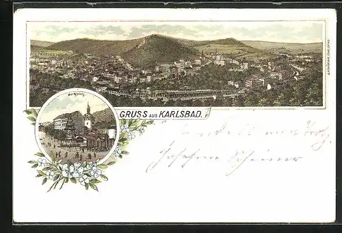 Lithographie Karlsbad, Ortsansicht und Marktplatz