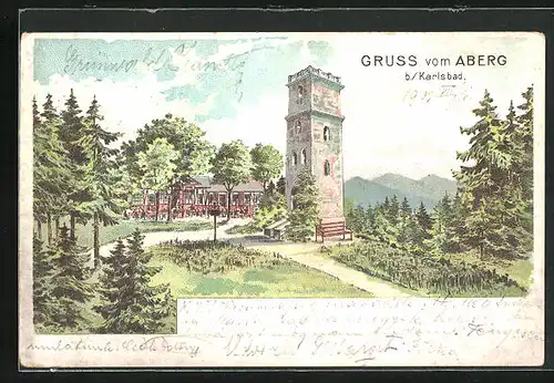 Lithographie Aberg /Karlsbad, Blick auf Turm