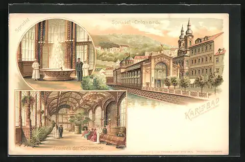Lithographie Karlsbad, Innen- und Aussenansicht der Sprudel-Colonnade