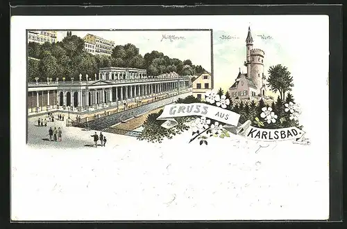 Lithographie Karlsbad, Mühlbrunn, Stefani-Warte