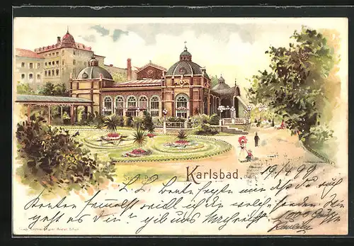 Lithographie Karlsbad, Stadtpark mit Spaziergängern