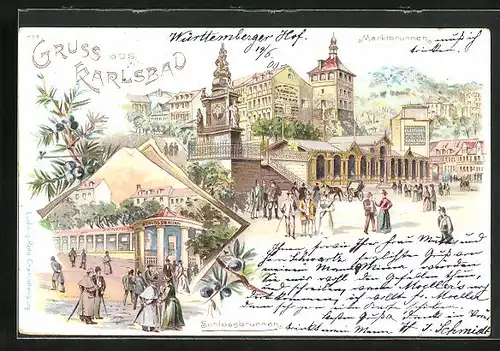 Lithographie Karlsbad, Marktbrunnen, Schlossbrunn