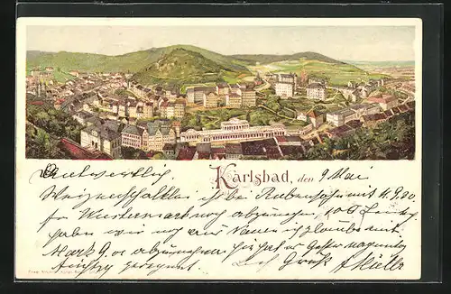 Lithographie Karlsbad, Totalansicht aus der Vogelschau
