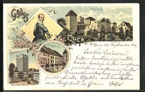 Lithographie Eger, Wallenstein`s Todenhaus, Wallenstein in Rüstung, Schwarzer Turm