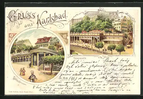 Lithographie Karlsbad, Felsenquelle, Schlossbrunnen