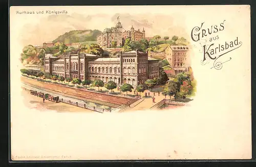 Lithographie Karlsbad, Kurhaus und Königsvilla