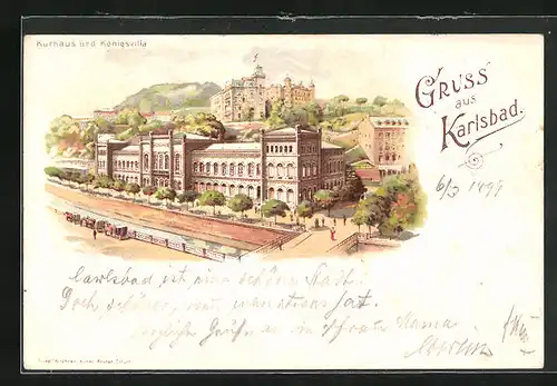 Lithographie Karlsbad, Kurhaus und Königsvilla