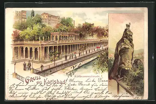 Lithographie Karlsbad, Mühlbrunnencolonade, Hirschensprung