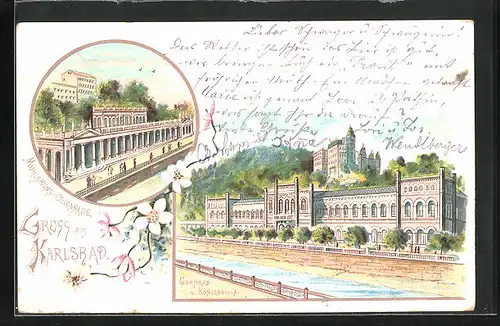 Lithographie Karlsbad, Curhaus u. Königsvilla, Mühlbrunn-Colonnade