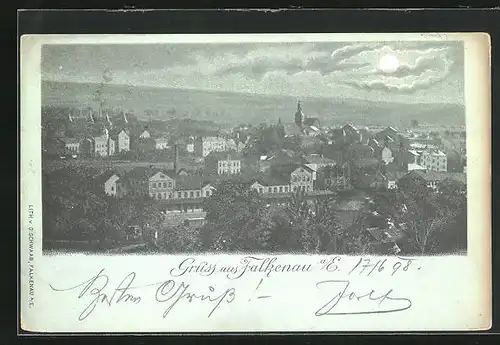 Mondschein-AK Falkenau, Totalansicht mit Kirche