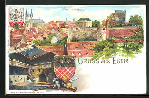 Lithographie Eger, Blick vom Steinbruch, Hof im Stadthaus Wallensteinhaus