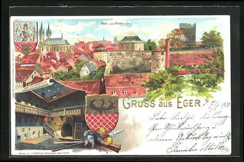 Passepartout-Lithographie Eger, Blick vom Steinbruch, Hof im Wallensteinhaus
