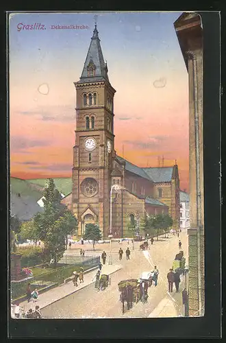 AK Graslitz, Dekanalkirche im Abendrot