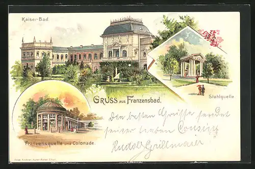 Lithographie Franzensbad, Stahlquelle, Franzensquelle und Colonade, Kaiser-Bad