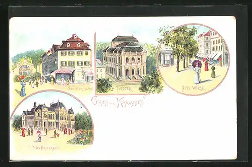 Lithographie Karlsbad, Alte Wiese, Theater, Schillerhaus, Das Kaiserbad