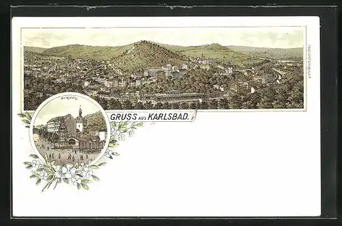 Lithographie Karlsbad, Totalansicht, Marktplatz