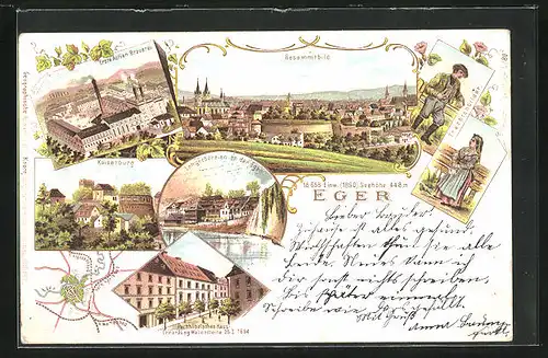 Lithographie Eger, Lohgerberei an der Eger, Trachtenbild, Totalansicht