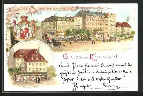 Lithographie Karlsbad, Hotels Goldenes Schild & Zwei Deutsche Monarchen, Theater-Café