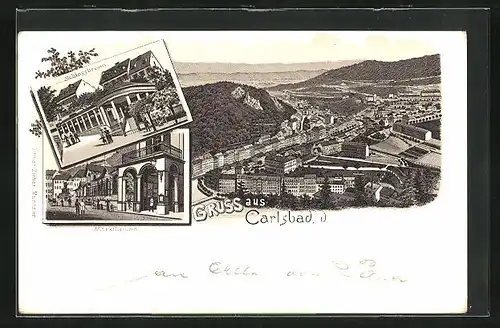 Lithographie Carlsbad, Totalansicht, Marktbrunn, Schlossbrunn