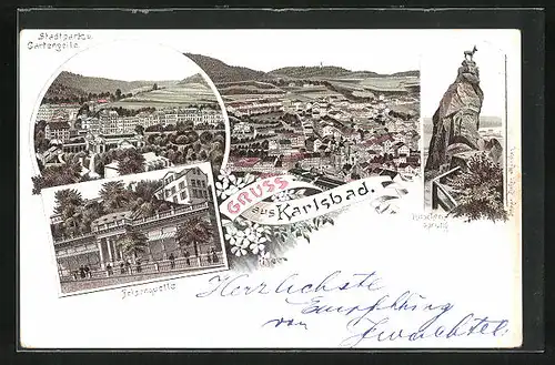 Vorläufer-Lithographie Karlsbad, 1895, Felsenquelle, Stadtpark und Gartenzeile