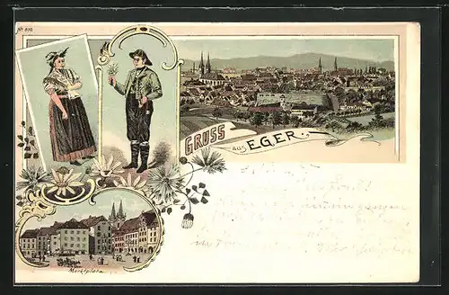 Lithographie Eger, Marktplatz, Totalansicht