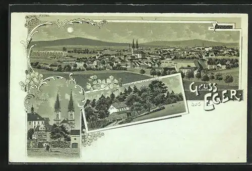 Mondschein-Lithographie Eger, Kirche, Totalansicht