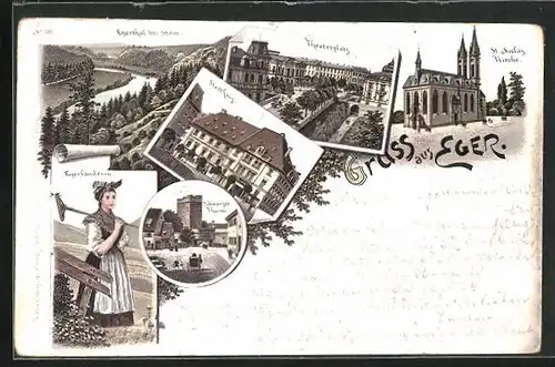 Lithographie Eger, St. Niclas-Kirche, Stadthaus, Theaterplatz