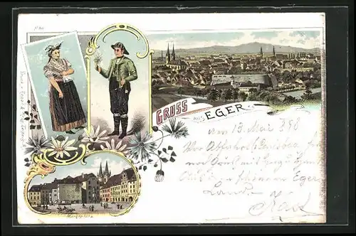 Lithographie Eger, Marktplatz, Totalansicht, Egerländer in Tracht