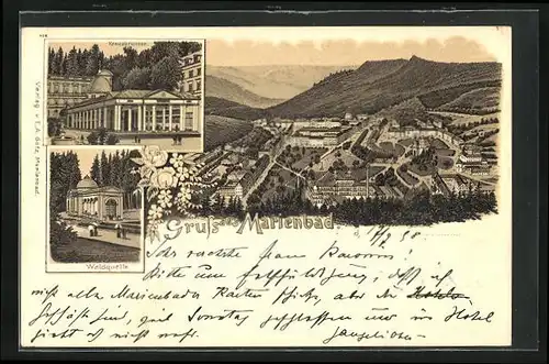 Lithographie Marienbad, Waldquelle, Kreuzbrunnen, Panorama