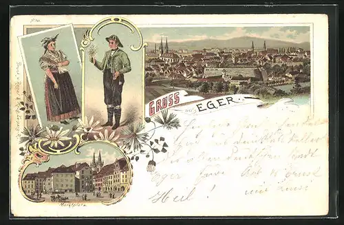 Lithographie Eger, Marktplatz, Egerländer Paar in Tracht