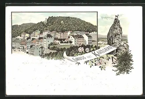 Lithographie Karlsbad, Teilansicht des Kurortes, Hirschensprung
