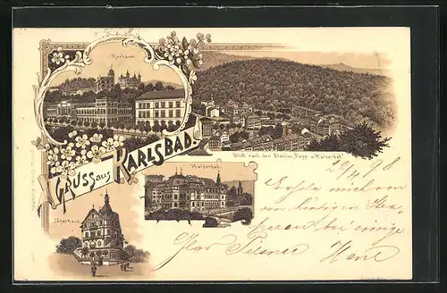 Lithographie Karlsbad, Kurhaus, Kaiserbad, Jägerhaus