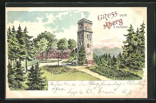 Lithographie Karlsbad, Restaurant und Aussichtsturm auf dem Aberg