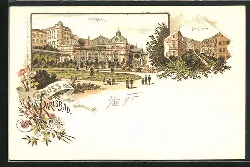 Vorläufer-Lithographie Karlsbad, 1895, Parkstrasse, Kurgäste im Stadtpark