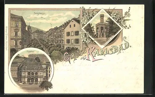 Lithographie Karlsbad, Theater, Parkstrasse, Franz-Josephs-Höhe